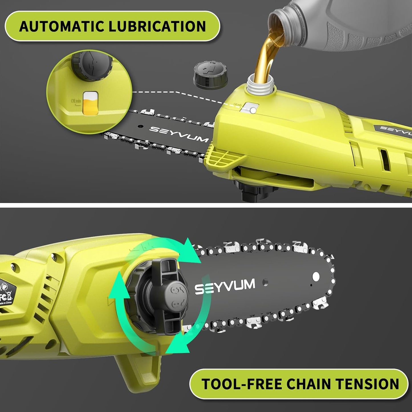 SEYVUM Cordless Pole Saw 8-Inch for Tree Trimming, Reach up to 15 feet, Auto Oiling, Multi-Angle, Telescoping Tool-Less Electric Pole Saw, Tree Trimmer with Battery & Charger