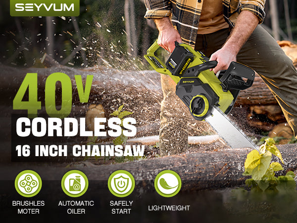 SEYVUM 40V Chainsaw Cordless 16 Inch, Electric Chain Saw with Tool-free Chain Tension, Auto Oiling, Battery Chainsaws with 2 * 4.0Ah Batteries & Charger for Wood/Tree Cutting, Pruning