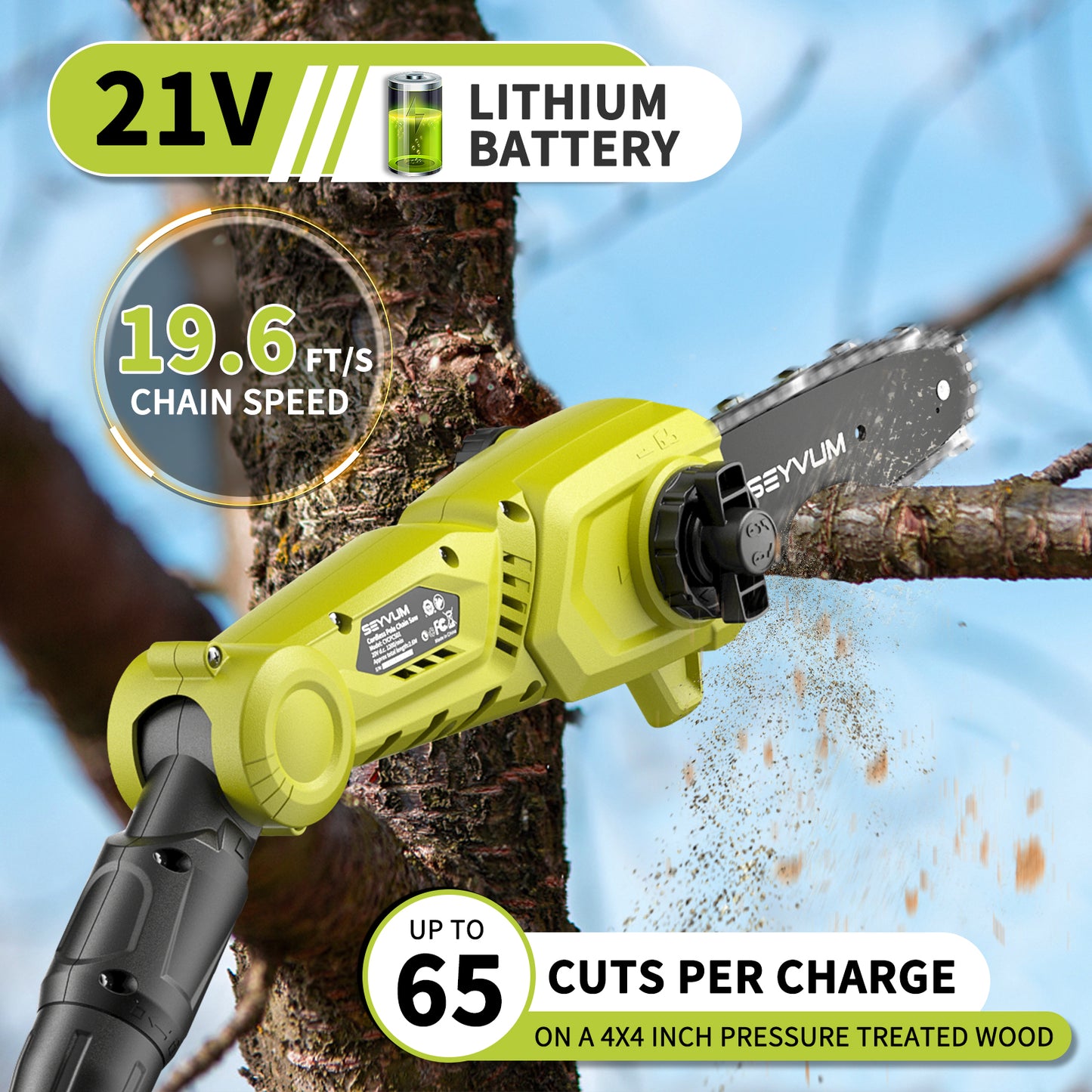 SEYVUM Cordless Pole Saw 8-Inch for Tree Trimming, Reach up to 15 feet, Auto Oiling, Multi-Angle, Telescoping Tool-Less Electric Pole Saw, Tree Trimmer with Battery & Charger
