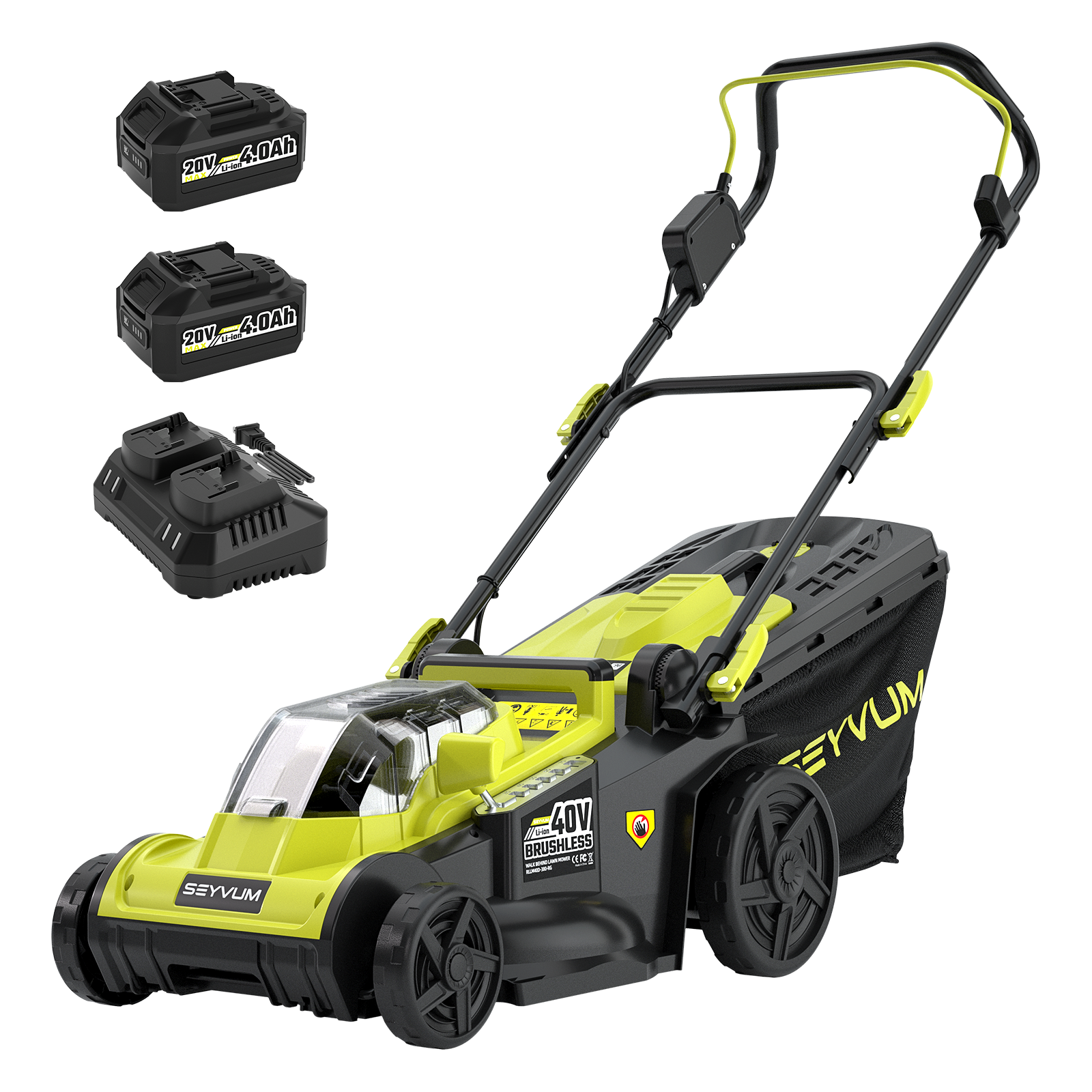 SEYVUM 40V 16-inch Push Lawn Mower, Electric Lawn Mower with Brushless Motor, 6-Height Adjustment, Cordless Mower with x Batteries and