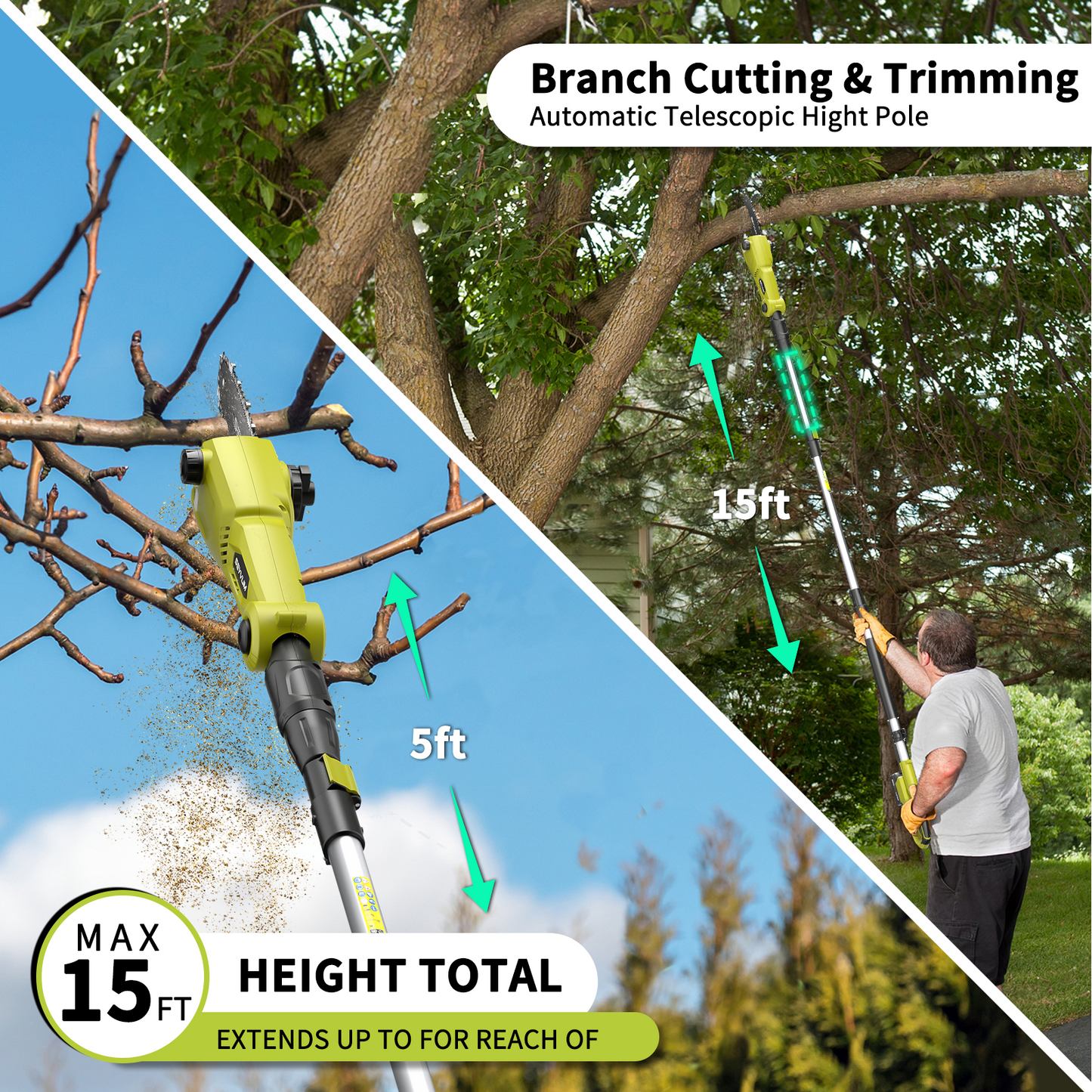 Cordless Pole Saw 8-Inch for Tree Trimming, Reach up to 15 feet, Auto Oiling, Multi-Angle, Telescoping Tool-Less Electric Pole Saw, Tree Trimmer with Battery & Charger