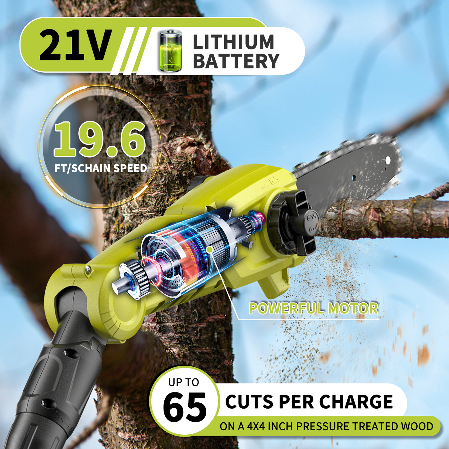 Cordless Pole Saw 8-Inch for Tree Trimming, Reach up to 15 feet, Auto Oiling, Multi-Angle, Telescoping Tool-Less Electric Pole Saw, Tree Trimmer with Battery & Charger