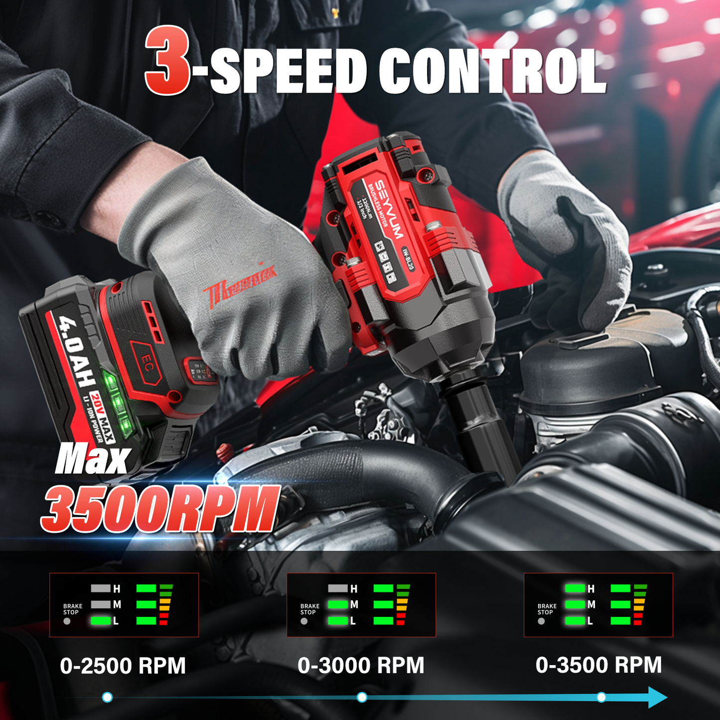 Cordless Impact Wrench 1/2 Inch, 900Ft-lbs (1200N.m) Brushless Impact Gun, 20V High Torque Power Impact Driver, 3500RPM w/ 2x 4.0 Battery, 3 Variable Speeds for Car/Truck RV/Mower