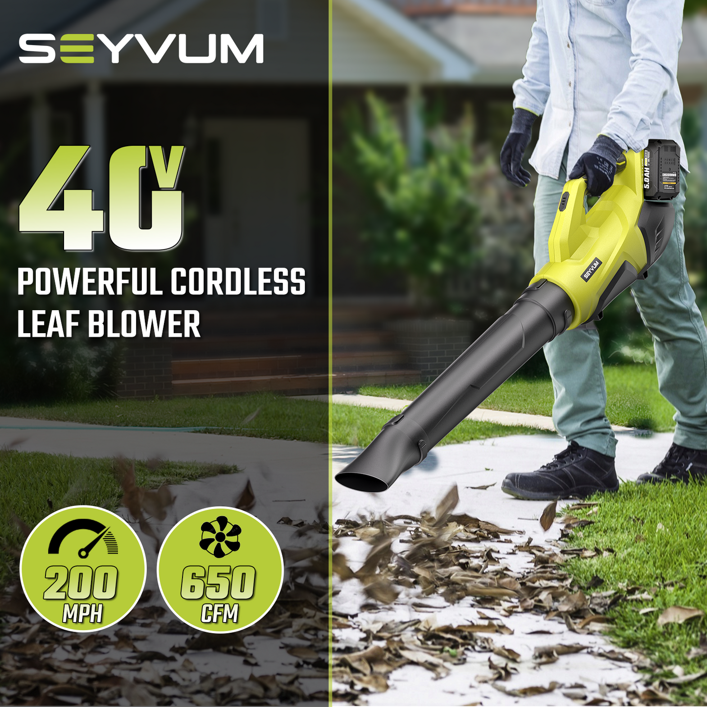 SEYVUM Leaf Blower Cordless 40V - 650CFM 200MPH Brushless Electric Leaf Blower with 2 X 5.0Ah Battery & Charger, Blowers for Lawn Care High-Power 3 Variable Speed & Turbine Power Boost, Lightweight