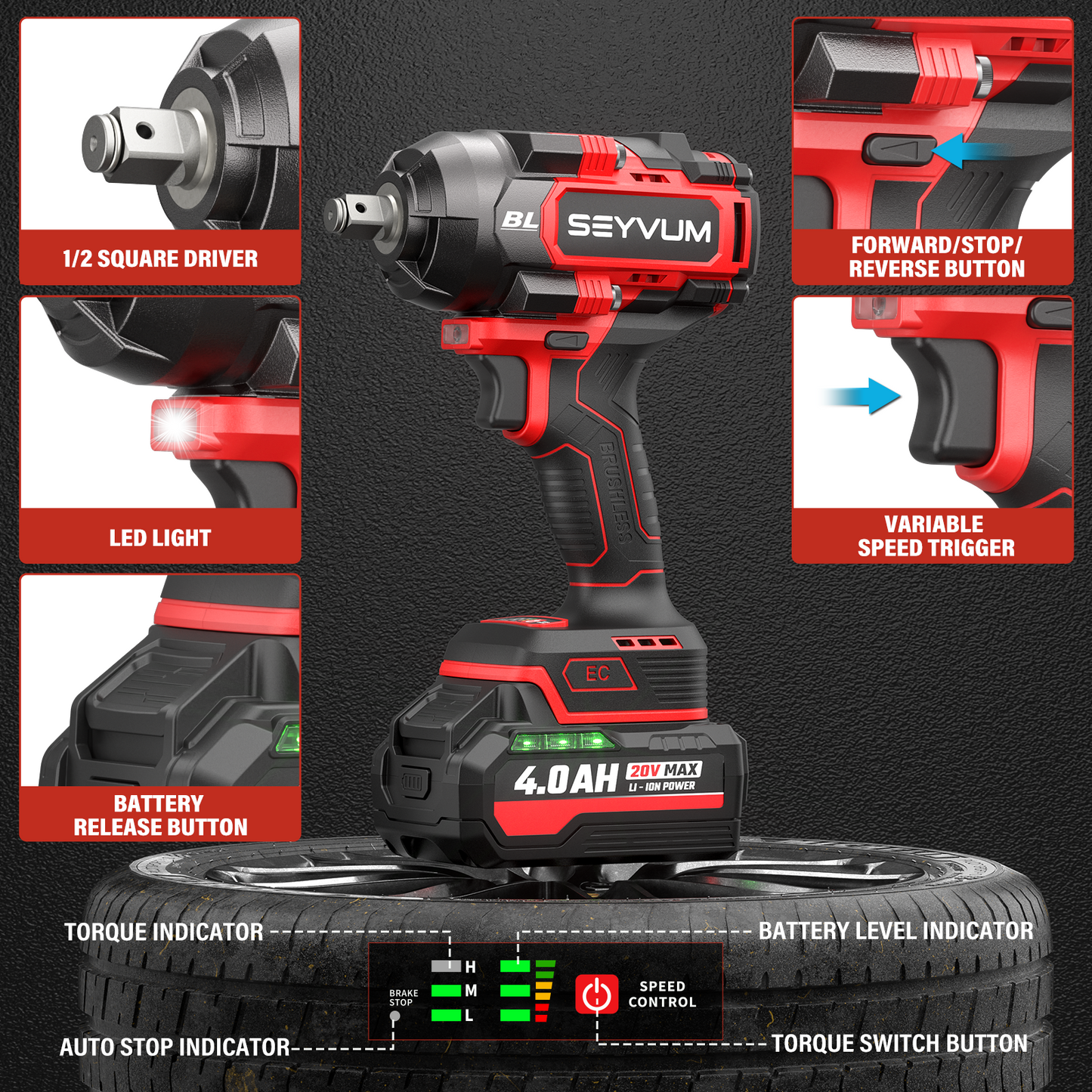 Cordless Impact Wrench 1/2 Inch, 900Ft-lbs (1200N.m) Brushless Impact Gun, 20V High Torque Power Impact Driver, 3500RPM w/ 2x 4.0 Battery, 3 Variable Speeds for Car/Truck RV/Mower