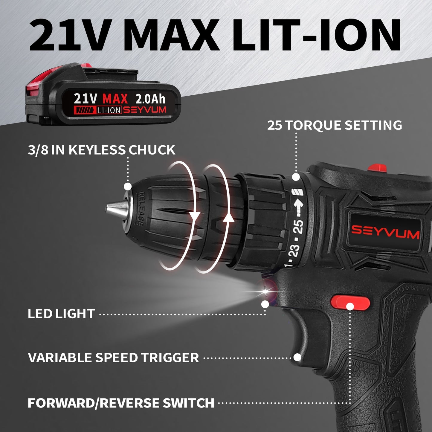 21V Cordless Drill Set 400 In-lb Torque