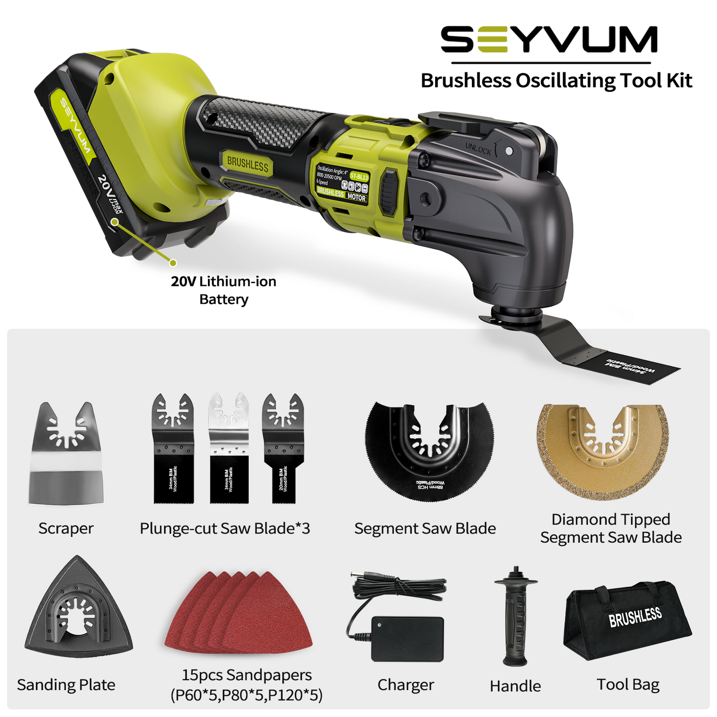 Oscillating Tool Kit, SEYVUM Brushless & Cordless Oscillating Saw