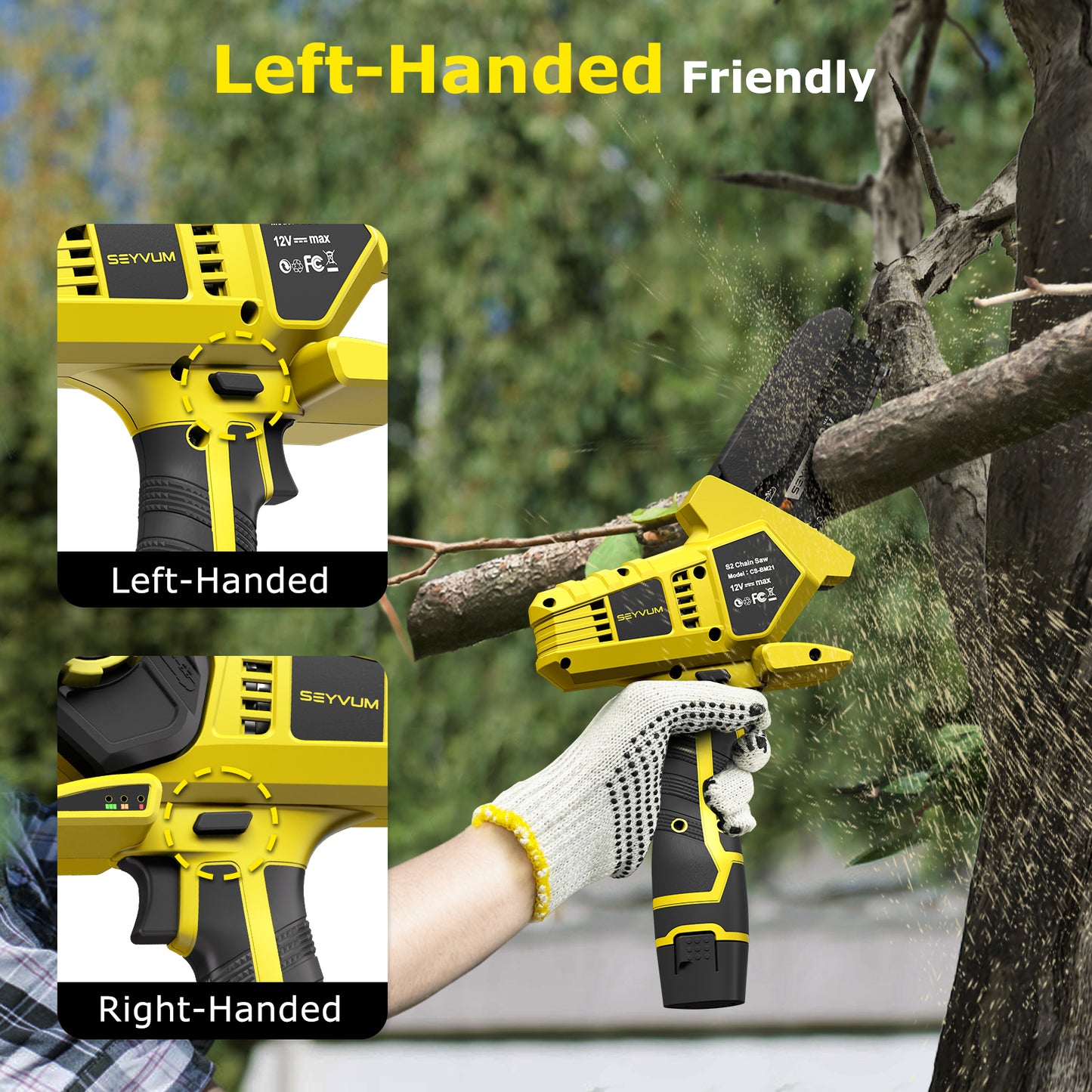 SEYVUM Mini Chainsaw 5-Inch with 2 Batteries 2 Chains,Yellow