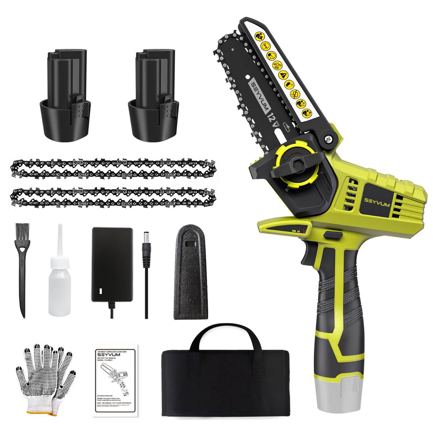 SEYVUM Mini Chainsaw Kit 5-Inch with 2 Battery,Green