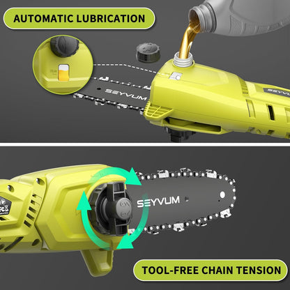 SEYVUM Cordless Pole Saw 8-Inch for Tree Trimming, Reach up to 15 feet, Auto Oiling, Multi-Angle, Telescoping Tool-Less Electric Pole Saw, Tree Trimmer with Battery & Charger