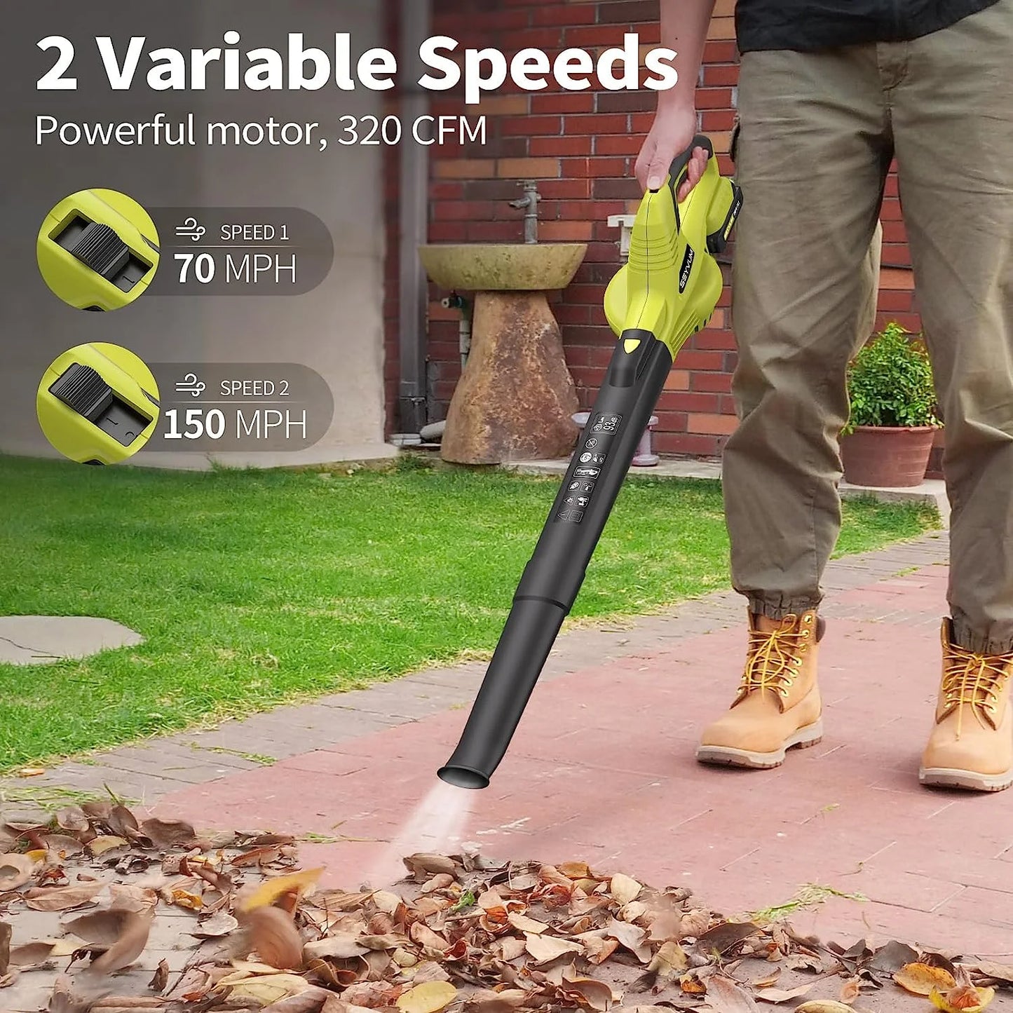 Lightweight 20V Cordless Leaf Blower - 320 CFM, 150 MPH Electric Blower for Lawn & Yard Care, Snow Blowing - Includes 2x 2.0Ah Batteries & Charger