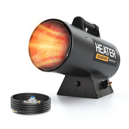125,000 BTU Forced Air Propane Heater, Adjustable Portable Torpedo Heater for Garage, Jobsite and Construction Sites - 10ft Hose