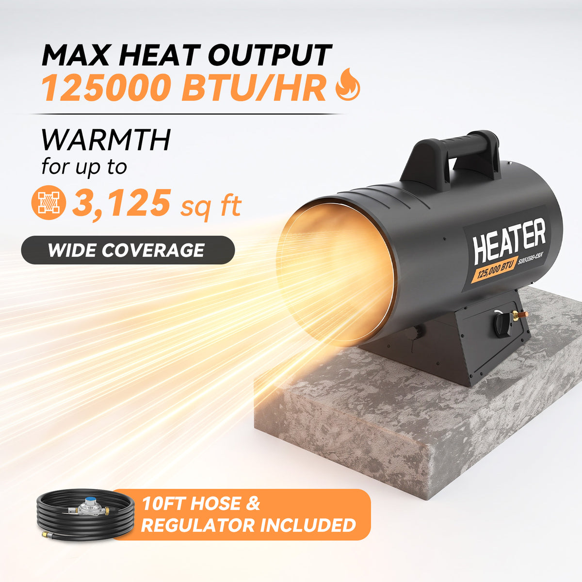 125,000 BTU Forced Air Propane Heater, Adjustable Portable Torpedo Heater for Garage, Jobsite and Construction Sites - 10ft Hose
