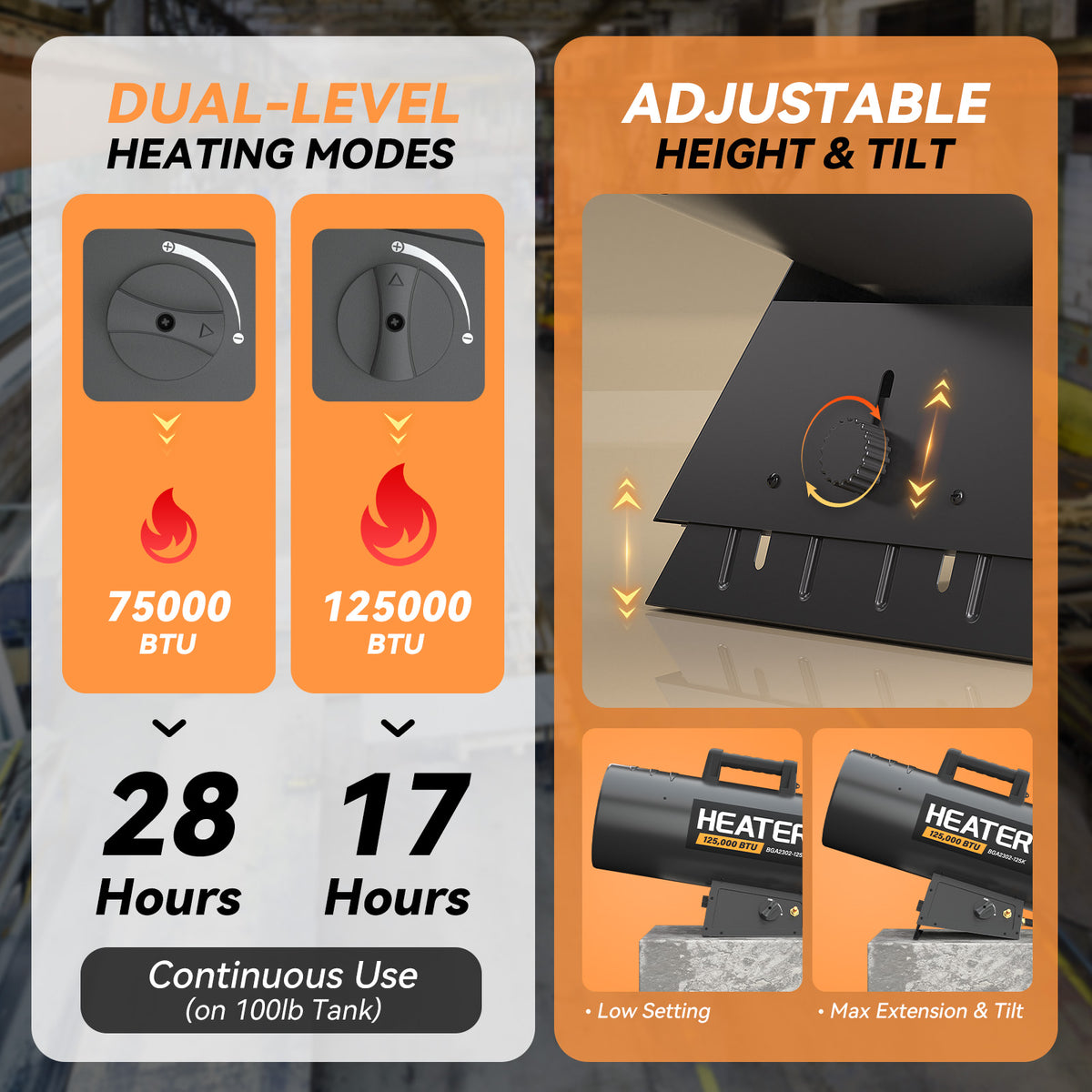 125,000 BTU Forced Air Propane Heater, Adjustable Portable Torpedo Heater for Garage, Jobsite and Construction Sites - 10ft Hose