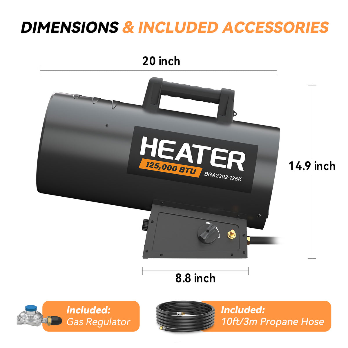 125,000 BTU Forced Air Propane Heater, Adjustable Portable Torpedo Heater for Garage, Jobsite and Construction Sites - 10ft Hose