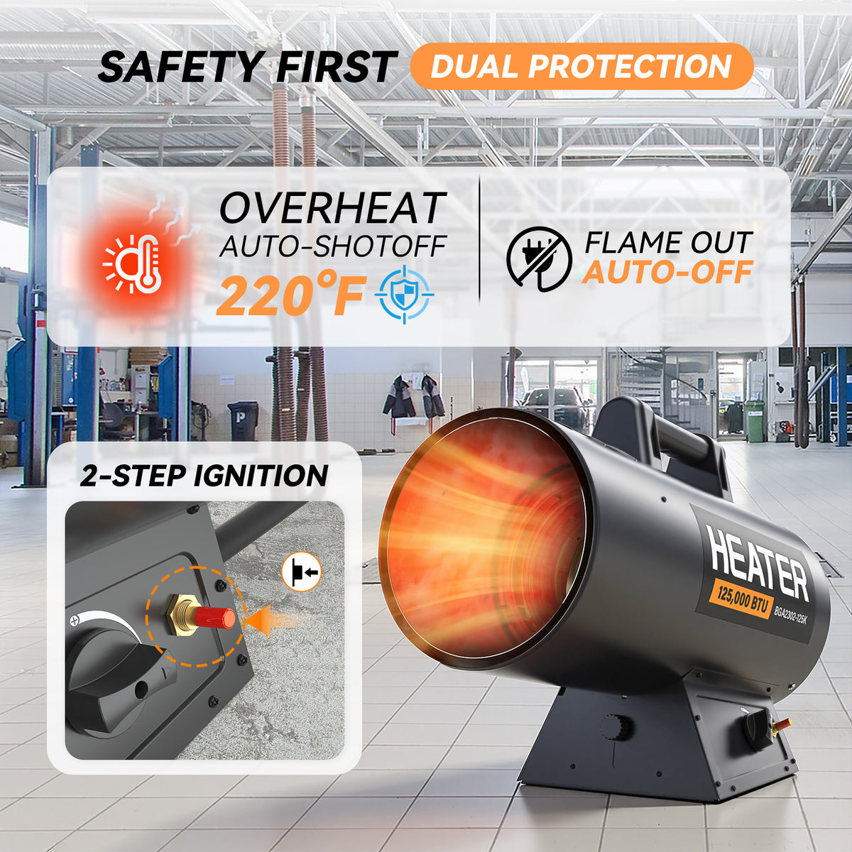 125,000 BTU Forced Air Propane Heater, Adjustable Portable Torpedo Heater for Garage, Jobsite and Construction Sites - 10ft Hose