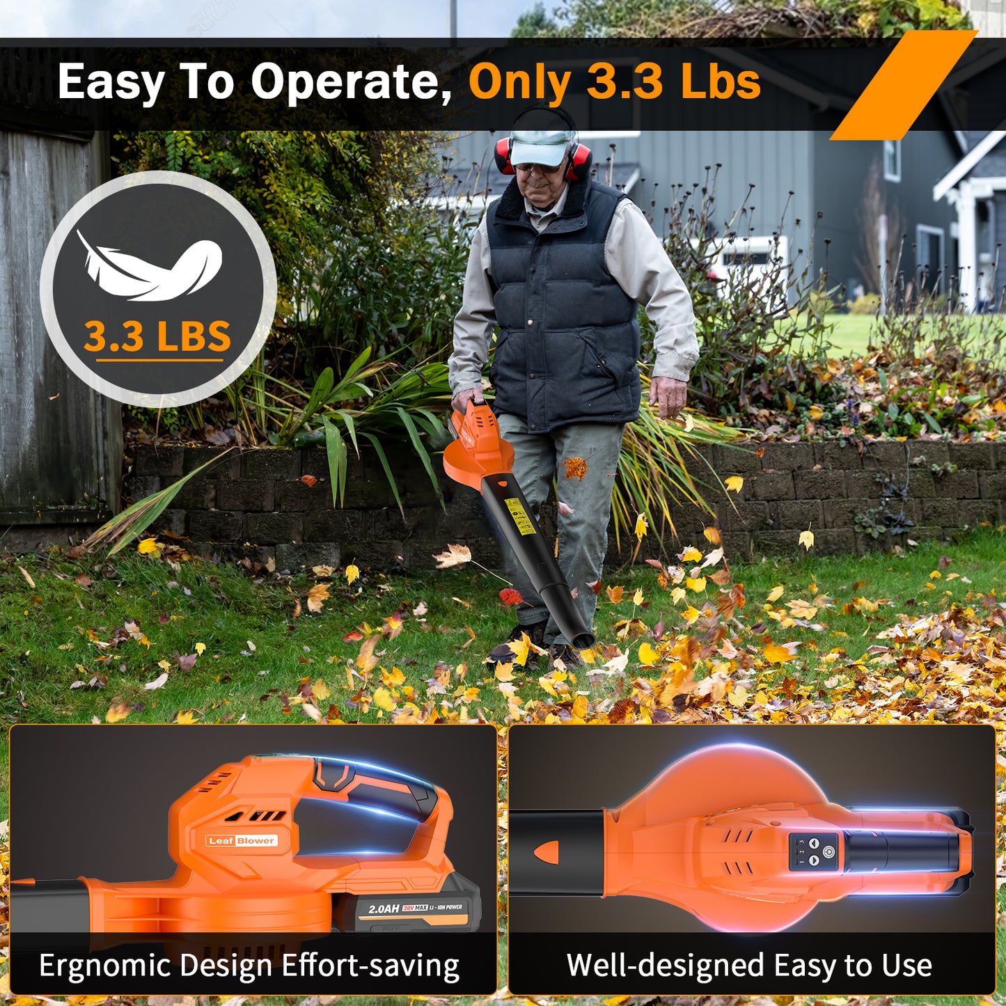 Cordless Leaf Blower - 20V Electric Leaf Blower with 2 X 2.0Ah Batteries and Charger, 3 Speed Mode, Lightweight Battery Powered Leaf Blowers for Lawn Care, Blowing Leaves and Dust, etc.