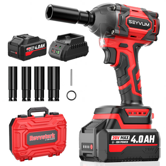 SEYVUM Cordless Impact Wrench, 20V Compact Brushless 1/2 Inch Impact Driver with 4.0Ah Lithium-Ion Battery and Fast Charger, 350 Ft-lbs(475 N.m) with 4 Pcs Sockets, Electric Impact Wrench for Car Hom