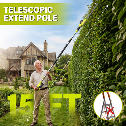 20V MAX Cordless Pole Hedge Trimmer – 20-inch Electric Battery Hedge Trimmer with 9 Ft. Reach, Multi-Angle Head & Extension Pole for Shrub Pruning (Includes 2x 2.0Ah Batteries & Charger)