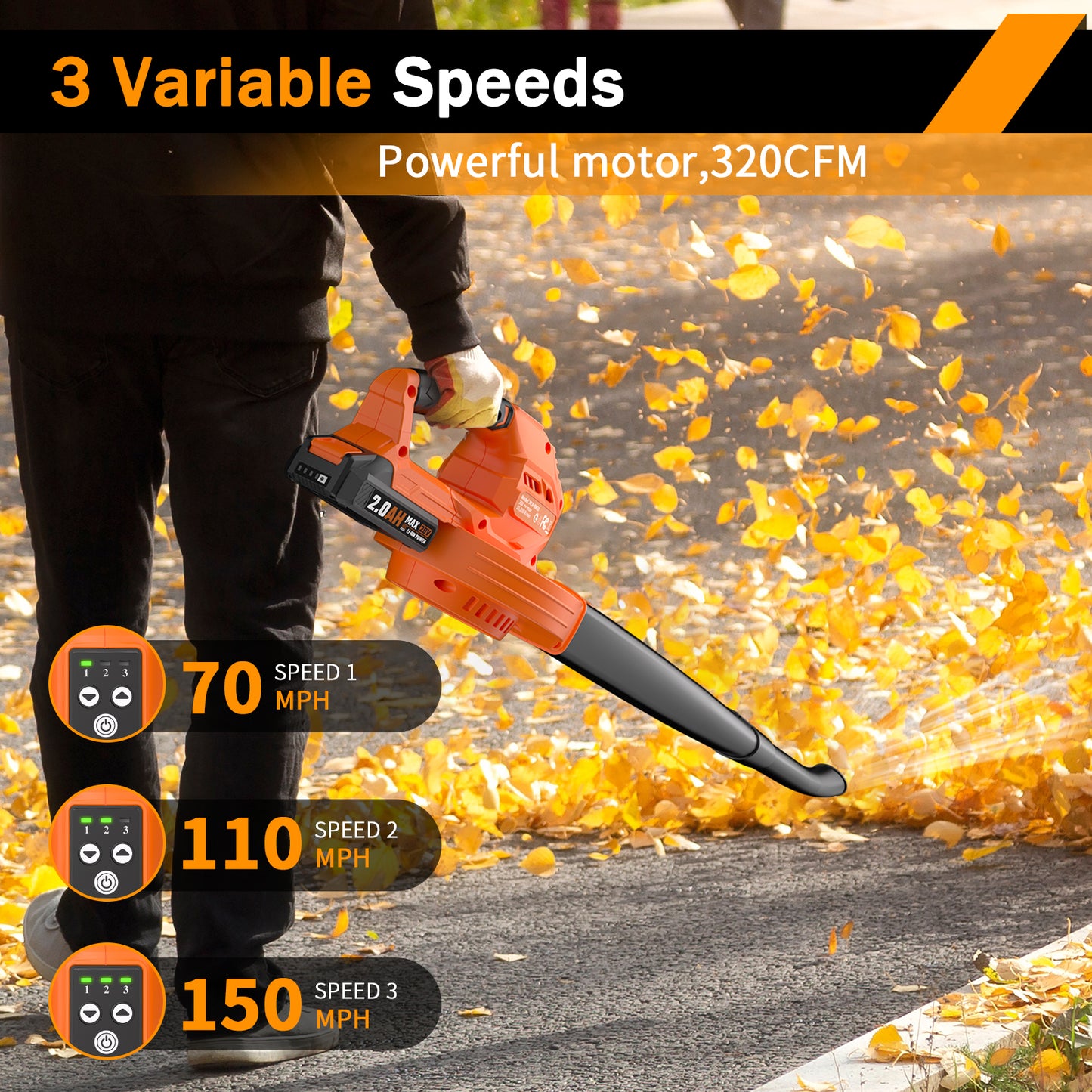 Cordless Leaf Blower - 20V Electric Leaf Blower with 2 X 2.0Ah Batteries and Charger, 3 Speed Mode, Lightweight Battery Powered Leaf Blowers for Lawn Care, Blowing Leaves and Dust, etc.