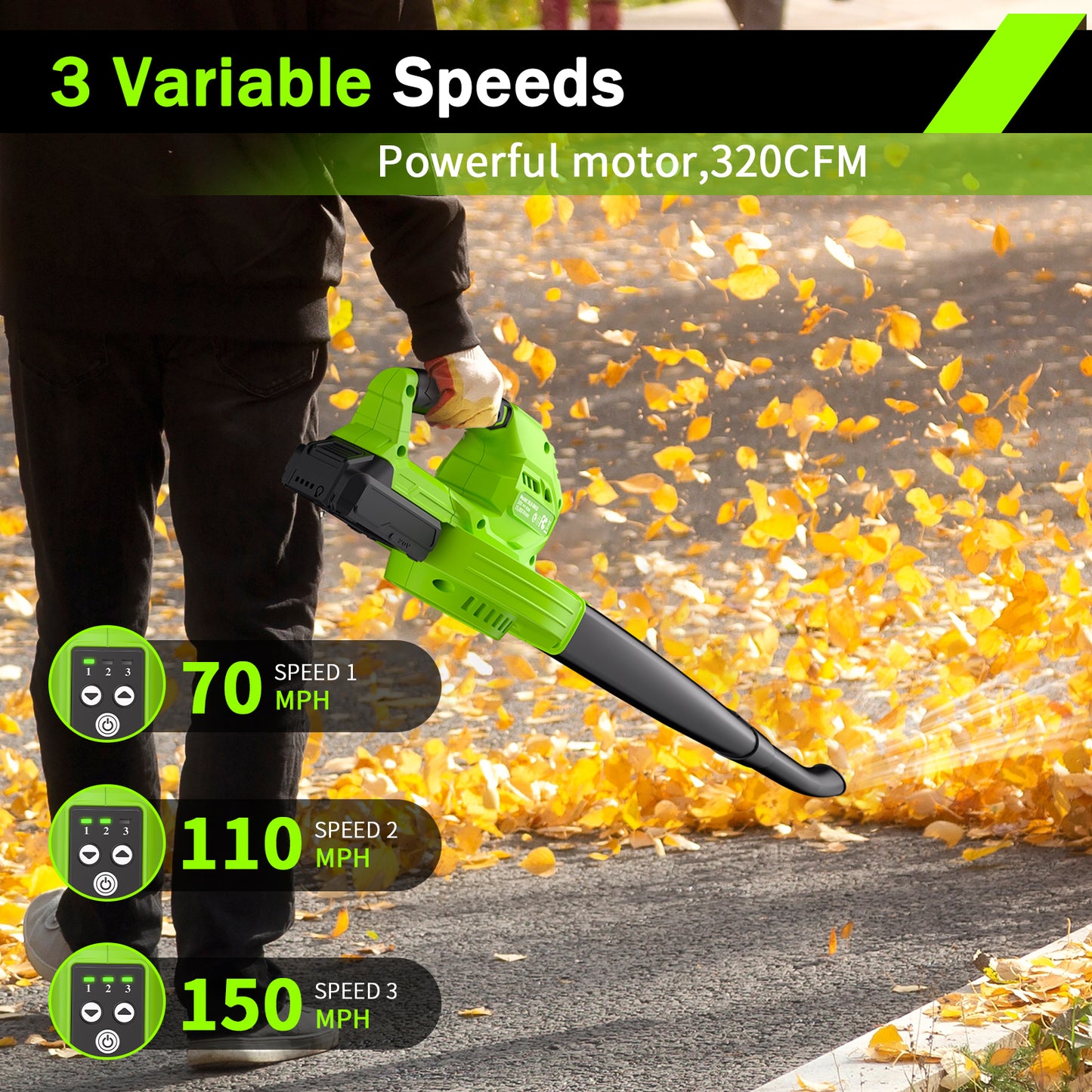 Cordless Leaf Blower - 20V Electric Leaf Blower with 2 X 2.0Ah Batteries and Charger, 3 Speed Mode, Lightweight Battery Powered Leaf Blowers for Lawn Care, Blowing Leaves and Dust, etc.
