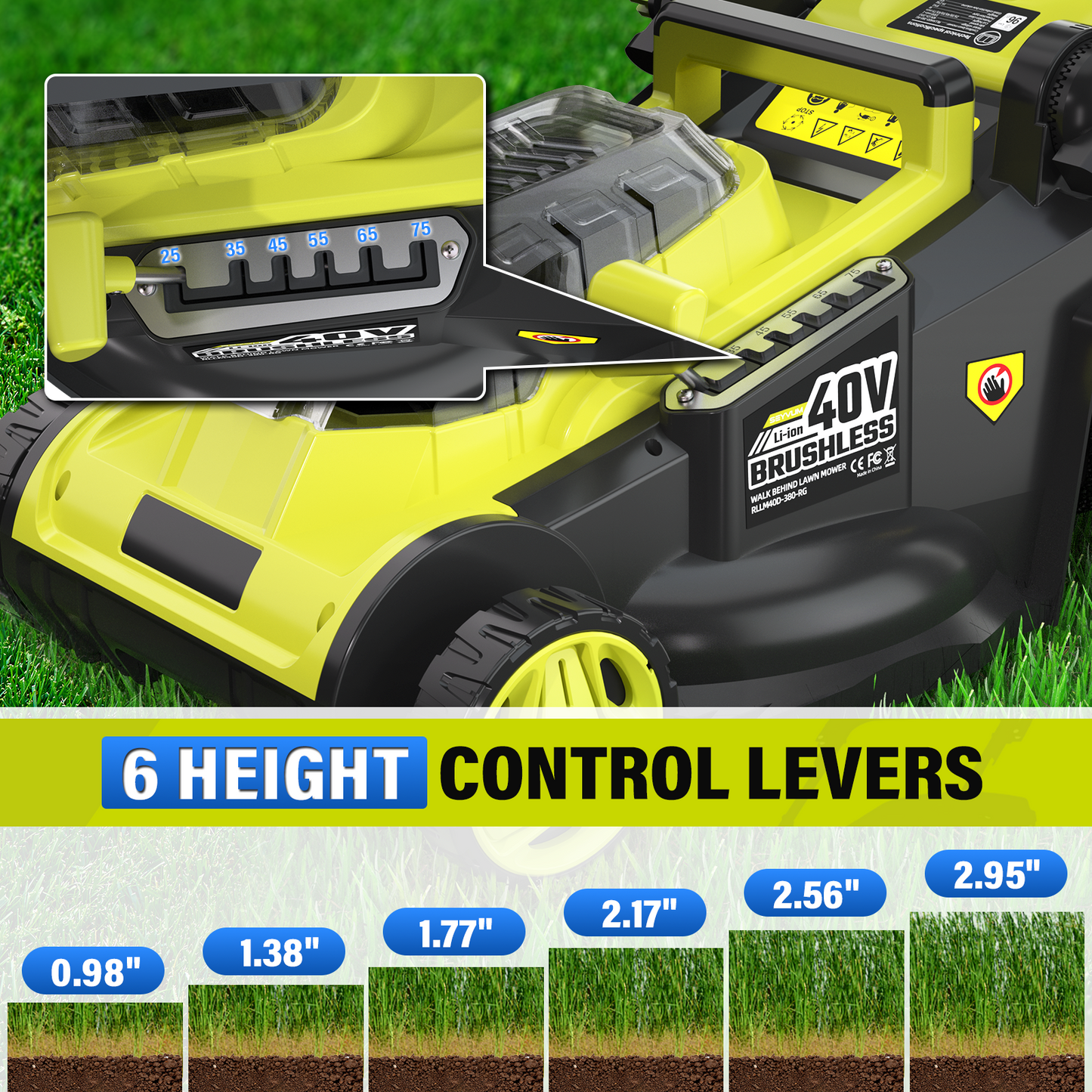 40V 16" Cordless Push Lawn Mower, Battery Powered Electric Mower with 2 x 4.0Ah Batteries & Charger, Brushless Motor, 6-Height Adjustment for Garden, Yard and Farm