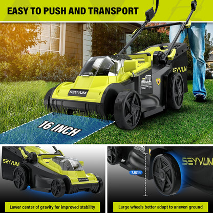 SEYVUM 40V 16-inch Push Lawn Mower, Electric Lawn Mower with Brushless Motor, 6-Height Adjustment, Cordless Mower with 2 x 4.0Ah Batteries and Charger, for Garden/Yard/Farm