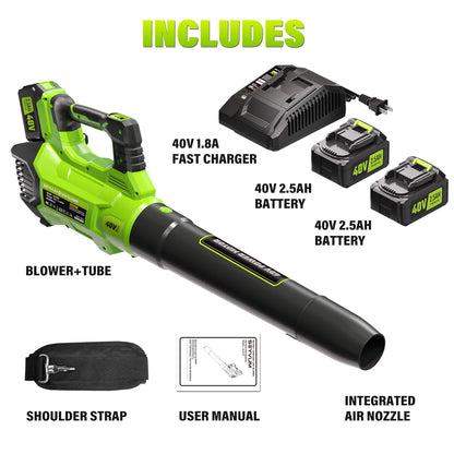 40V Leaf Blower - 600CFM Leaf Blower Cordless with 2 X 2.5Ah Battery & Charger, 3-Speed Electric Leaf Blower, Battery Powered Leaf Blower Lightweight for Snow Blowing & Yard Cleaning