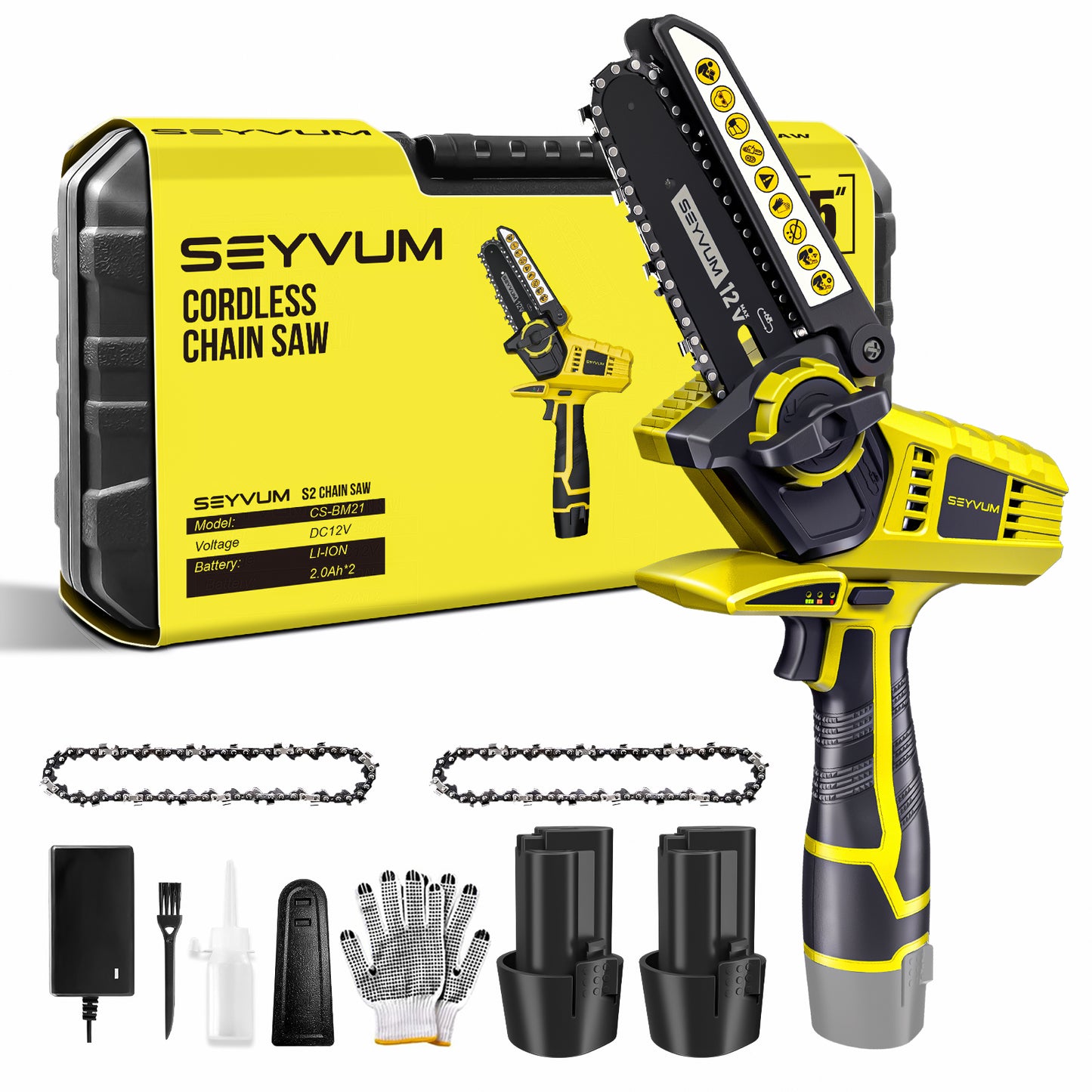 SEYVUM Mini Chainsaw 5-Inch with 2 Batteries 2 Chains,Yellow