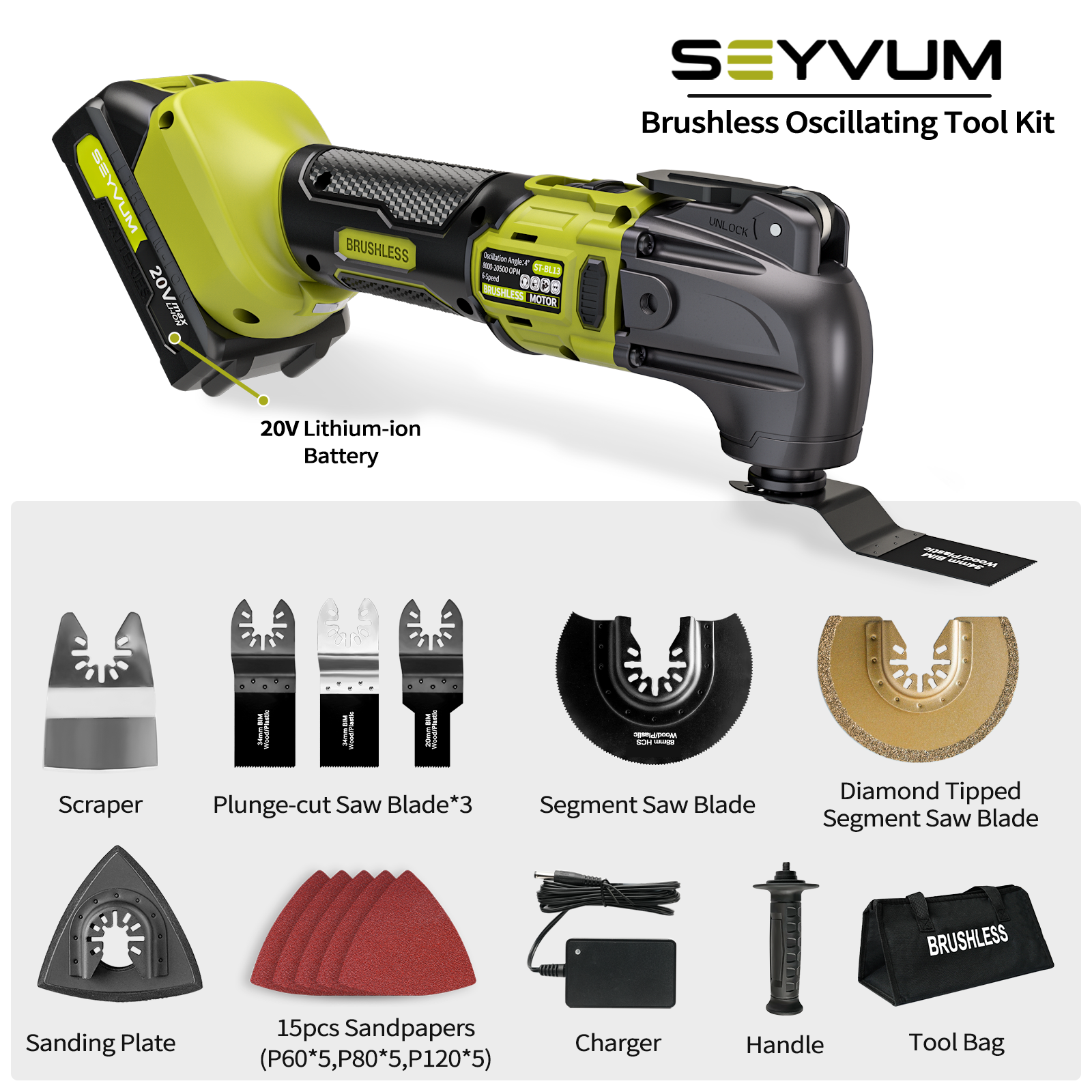 Oscillating Tool, 20V Max Cordless Multifunctional Tool, 2.0Ah Lithium-Ion Battery, 6 Variable Speed