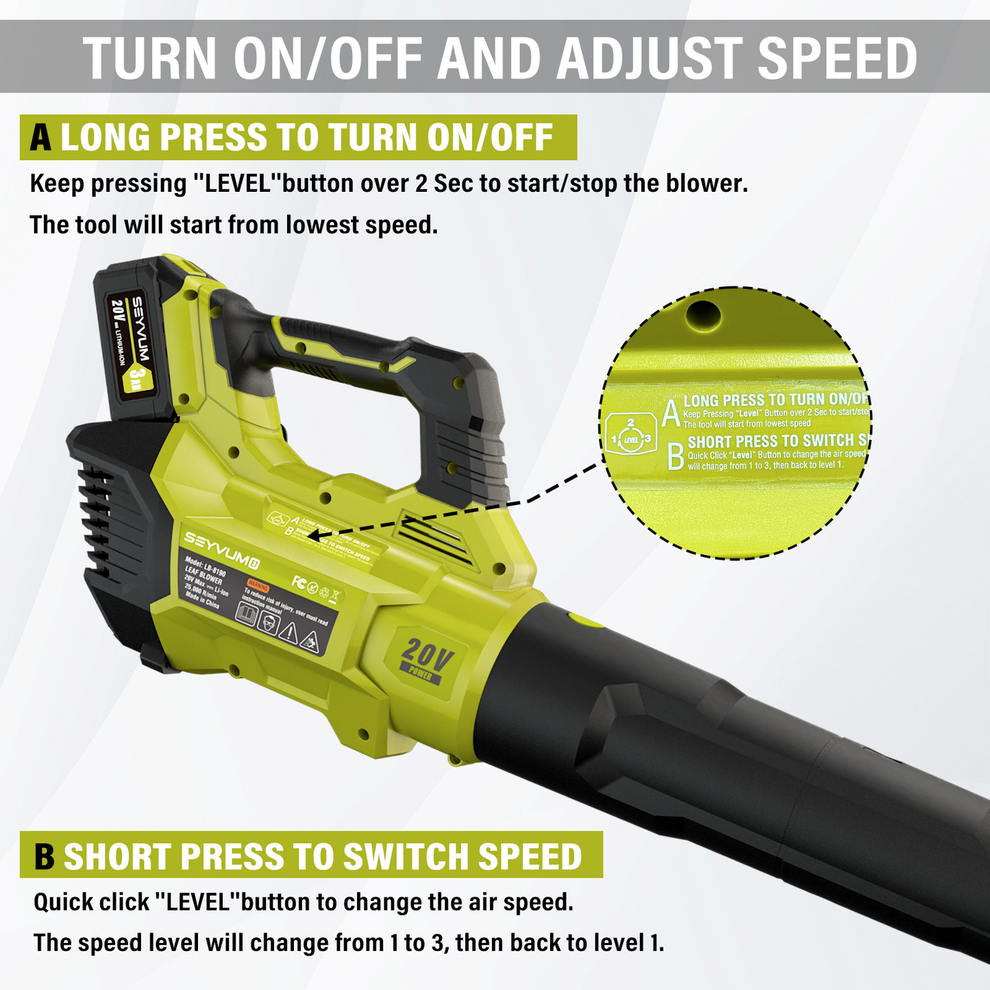 SEYVUM Leaf Blower - 580CFM 20V Leaf Blower Cordless